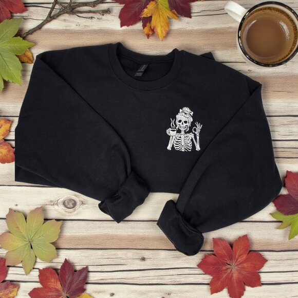 Embroidered Skeleton Crewneck Sweatshirt Fall, Halloween and Year Round Style - Picture 4 of 4